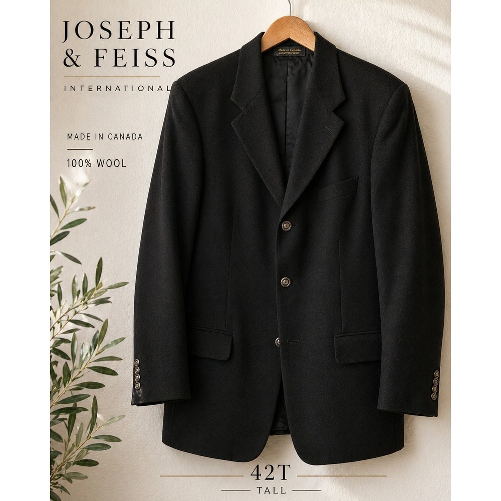 Joseph & Feiss Blazer Mens 42T Black 100% Wool Sport Coat Made in Canada Vintage